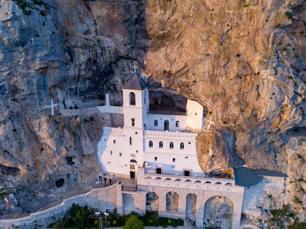 Aeral view to Monastery Ostrog. St. Basil of Ostrog, founded in the XVII century and rebuilt in the 1920s. Montenegro