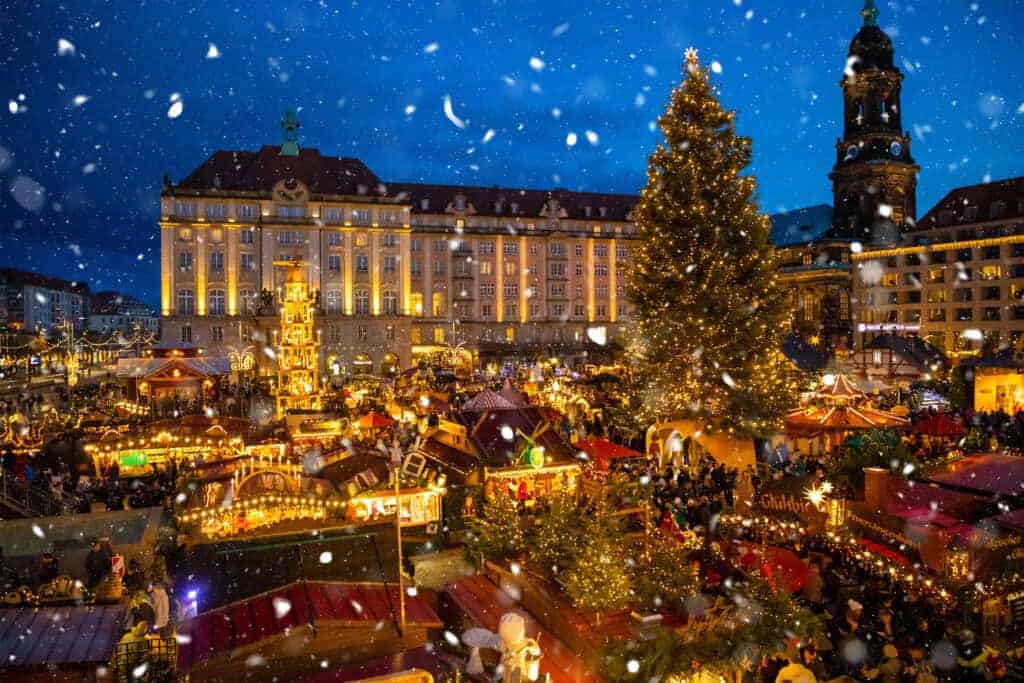People visit Christmas Market Striezelmarkt in Dresden in Germany